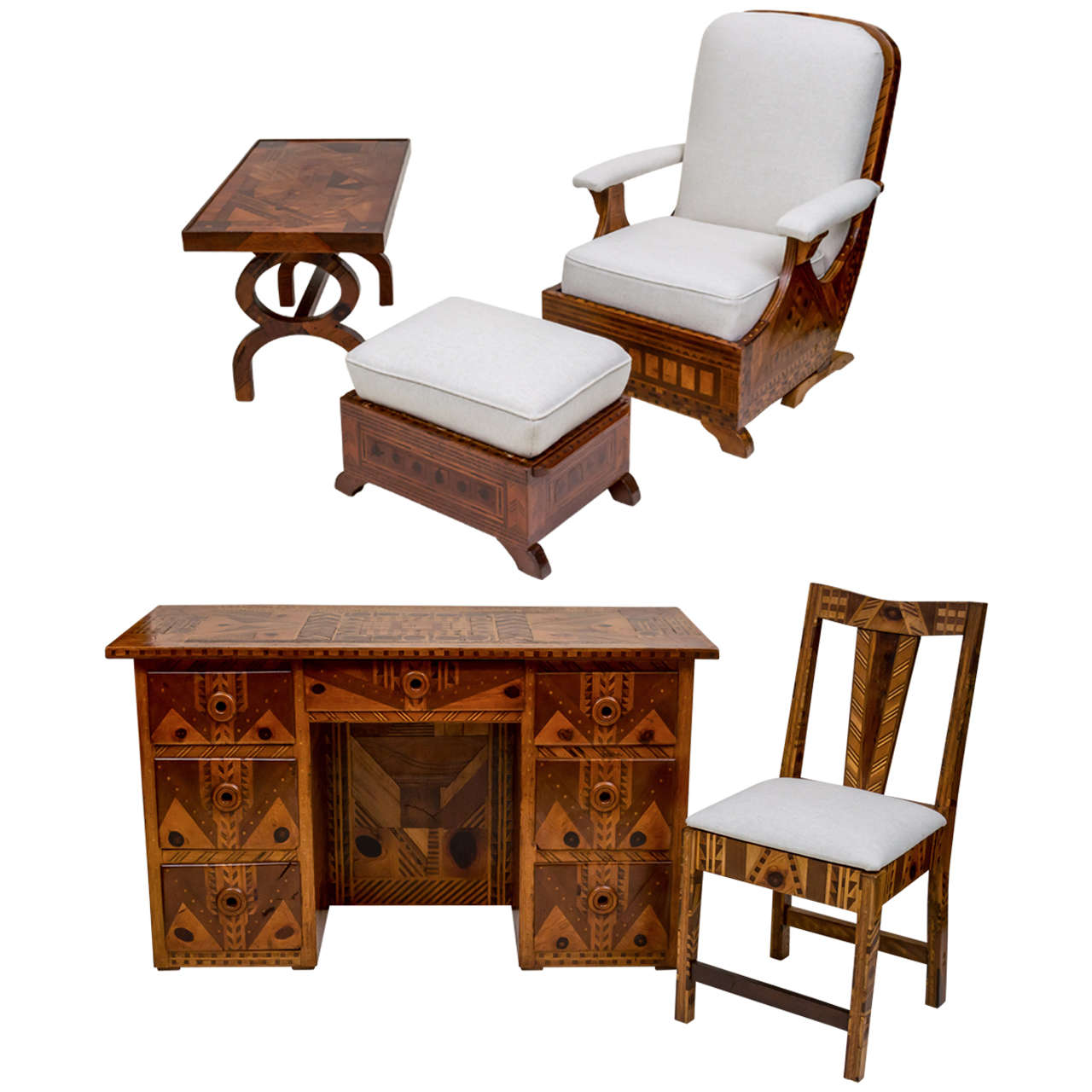 American Folk Art Marquetry Furniture, Suite of Five Pieces For Sale at